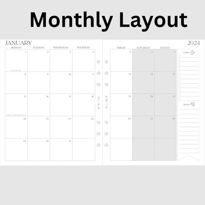 A5 Wide Planner Bundle Insert - Monthly + Hourly & Horizontal Weekly Layouts