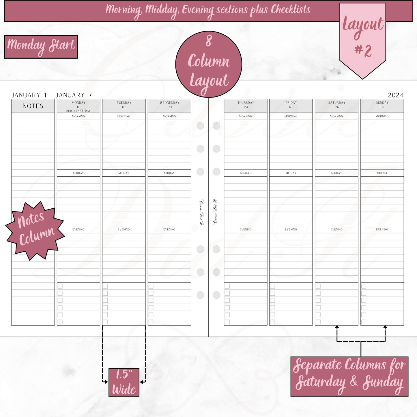 2024 Vertical Weekly Morning, Midday, Evening sections plus Checklists - on 2 Pages - Printed - A5 Wide