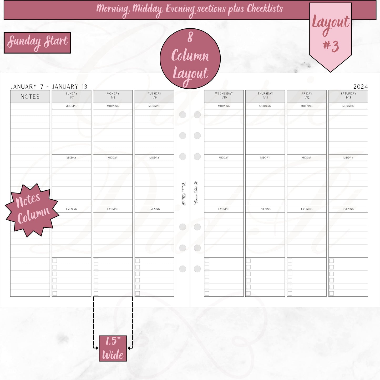 2024 Vertical Weekly Morning, Midday, Evening sections plus Checklists - on 2 Pages - Printed - A5 Wide