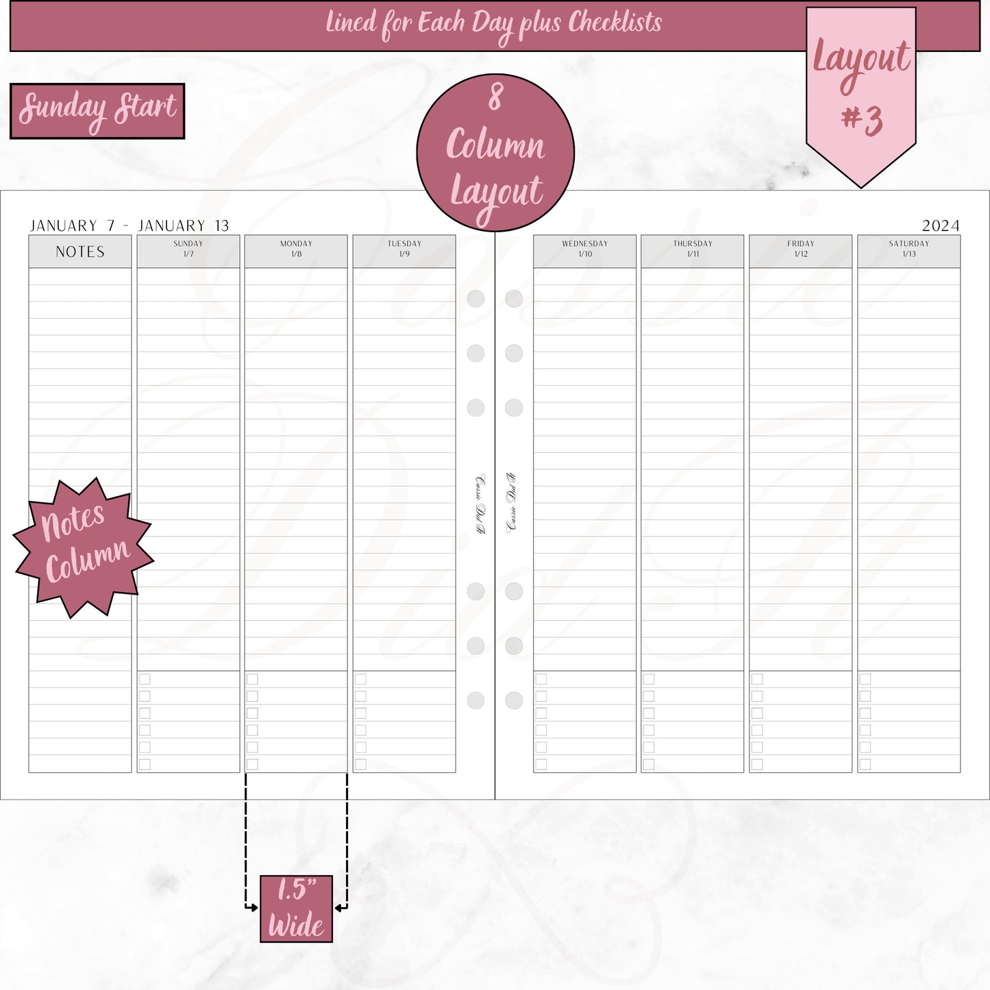 2024 Vertical Weekly Lined plus Checklists for Each Day - on 2 Pages - Printed - A5 Wide