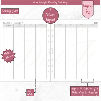 2024 Vertical Weekly Open Planning Area - on 2 Pages -  Printed - A5 Wide