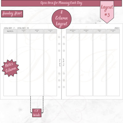 2024 Vertical Weekly Open Planning Area - on 2 Pages -  Printed - A5 Wide