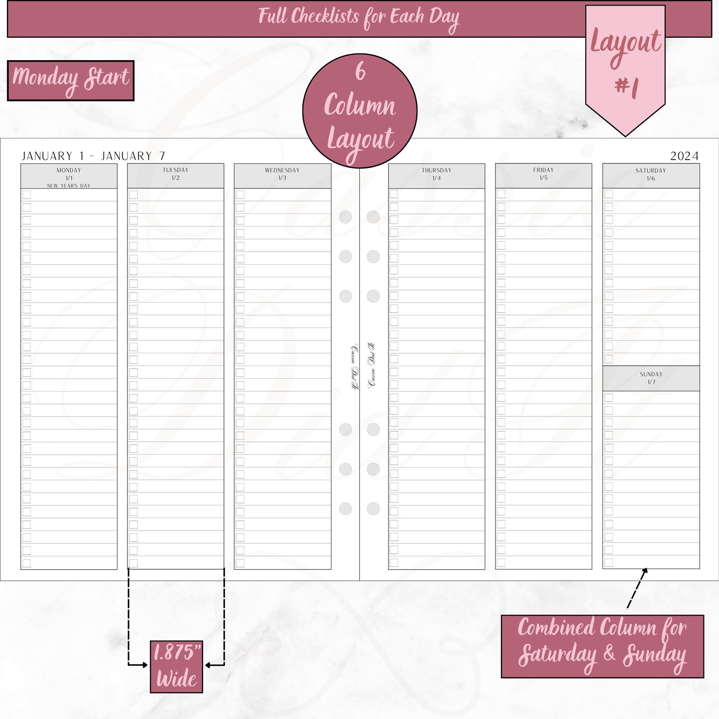 2024 Full Checklists for Each Day-Vertical Weekly on 2 Pages - A5 Wide