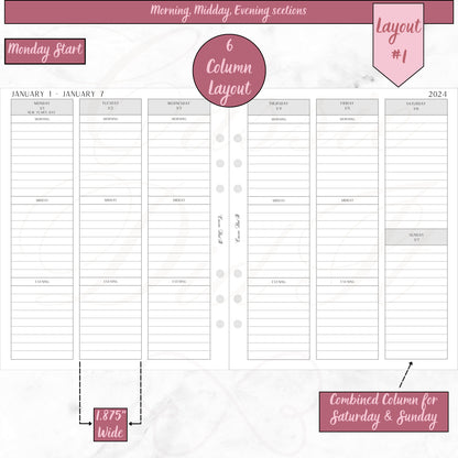 2024 Vertical Weekly Morning, Midday, Evening sections - on 2 Pages  -  Printed - A5 Wide