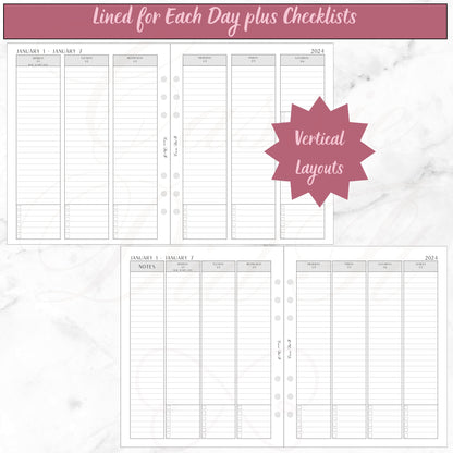 2024 Vertical Weekly Lined plus Checklists for Each Day - on 2 Pages - Printed - A5 Wide