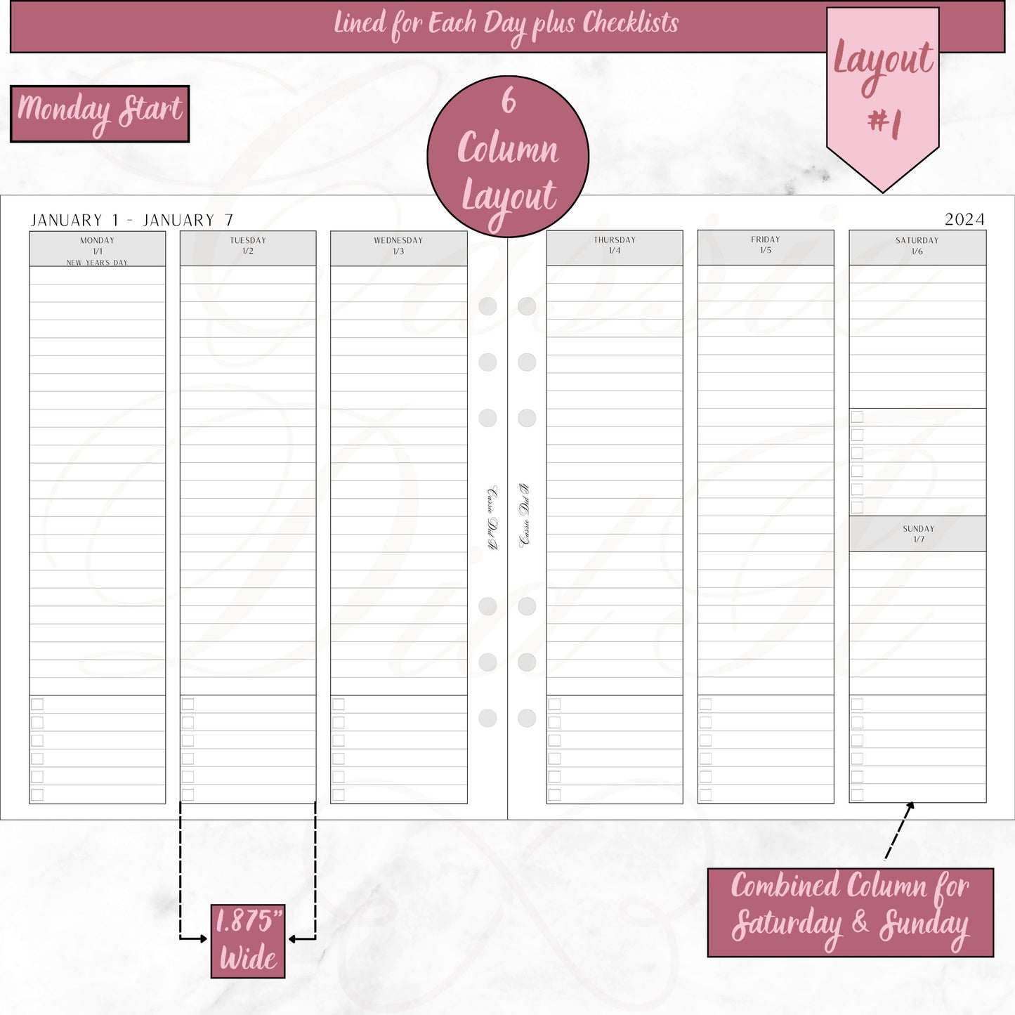 2024 Vertical Weekly Lined plus Checklists for Each Day - on 2 Pages - Printed - A5 Wide