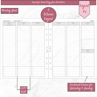 2024 Vertical Weekly Lined plus Checklists for Each Day - on 2 Pages - Printed - A5 Wide