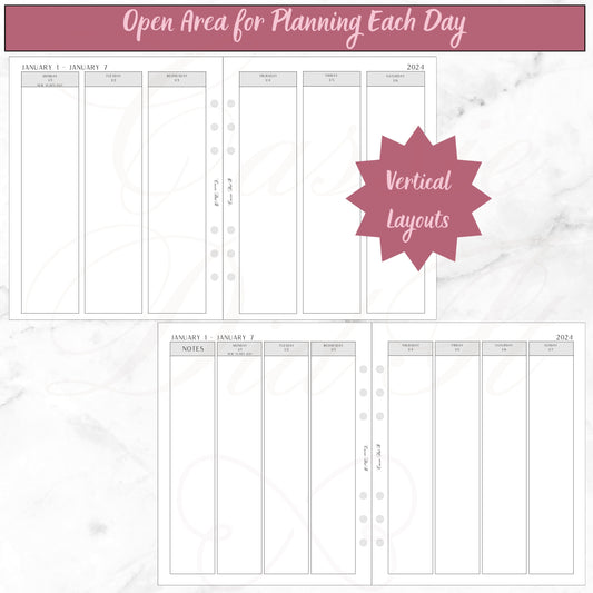 2024 Vertical Weekly Open Planning Area - on 2 Pages -  Printed - A5 Wide