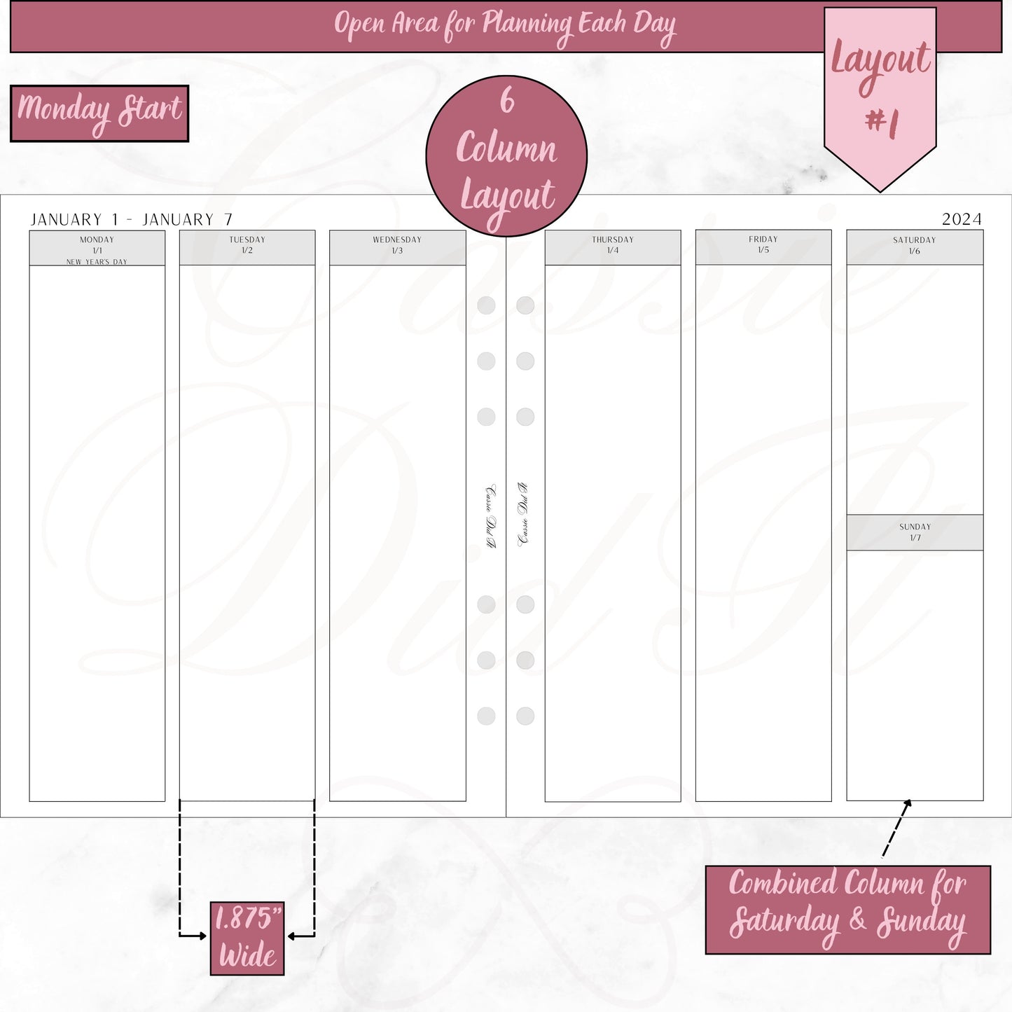 2024 Vertical Weekly Open Planning Area - on 2 Pages -  Printed - A5 Wide