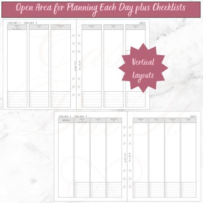 2024 Vertical Weekly Open Planning Area plus Checklists - on 2 Pages -  Printed - A5 Wide