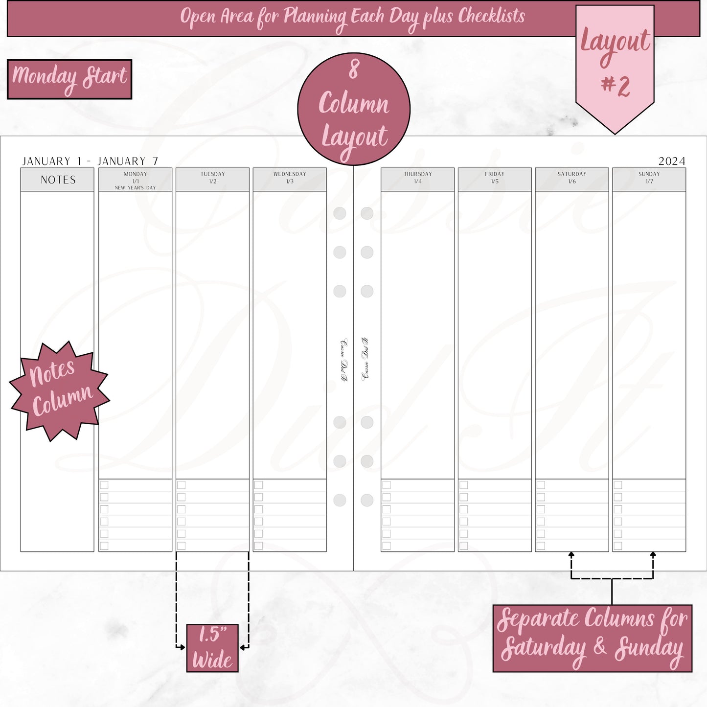 2024 Vertical Weekly Open Planning Area plus Checklists - on 2 Pages -  Printed - A5 Wide