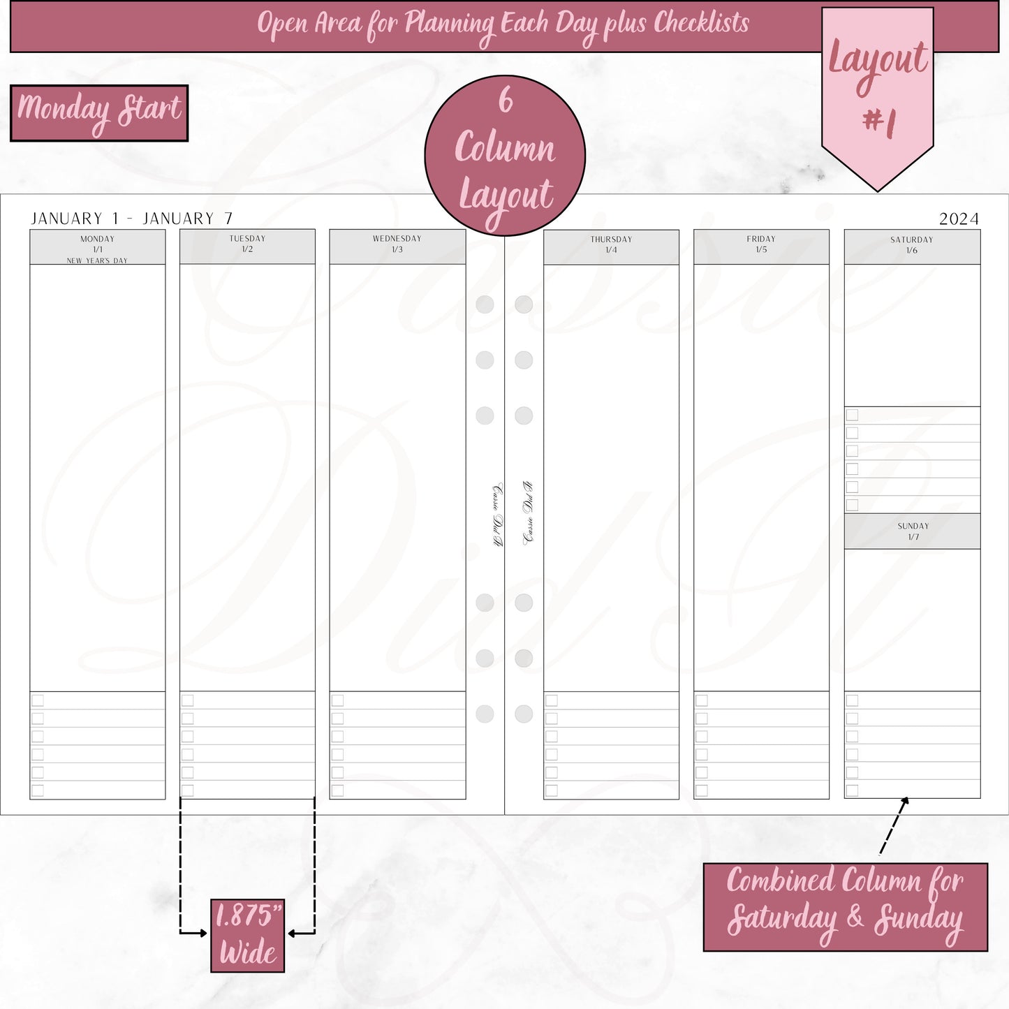 2024 Vertical Weekly Open Planning Area plus Checklists - on 2 Pages -  Printed - A5 Wide