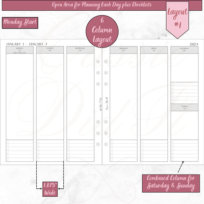 2024 Vertical Weekly Open Planning Area plus Checklists - on 2 Pages -  Printed - A5 Wide