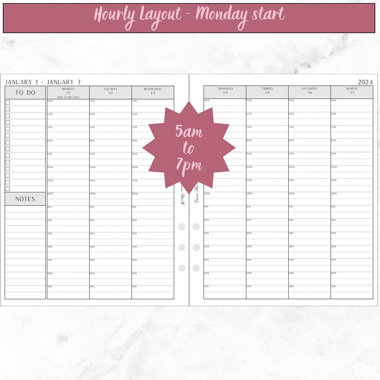 2024 Hourly Weekly on 2 Pages with To Do Checklists and Notes - Monday start - A5 Wide