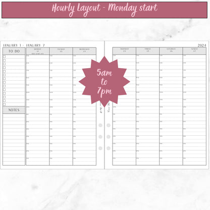 2024 Hourly Weekly on 2 Pages with To Do Checklists and Notes - Monday start - A5 Wide