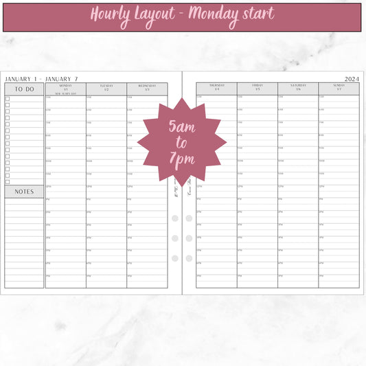 2024 Hourly Weekly on 2 Pages with To Do Checklists and Notes - Monday start - A5 Wide